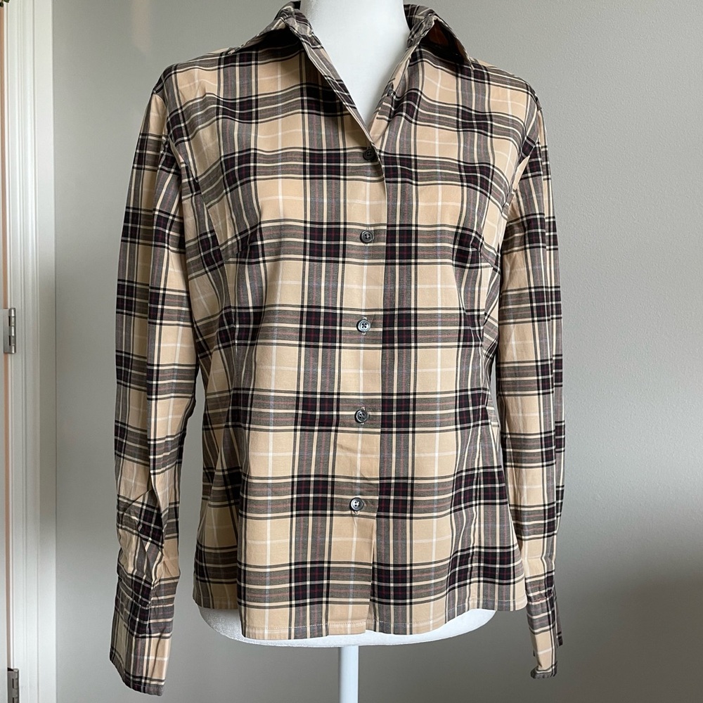 HAROLD’S Brown Tan Red Plaid Shirt, Stretch, Preppy Top, Button Down Shirt